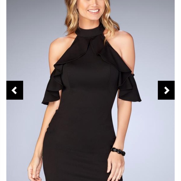 La Femme Black Ruffle Cold Shoulder Mini Dress - Picture 2 of 5